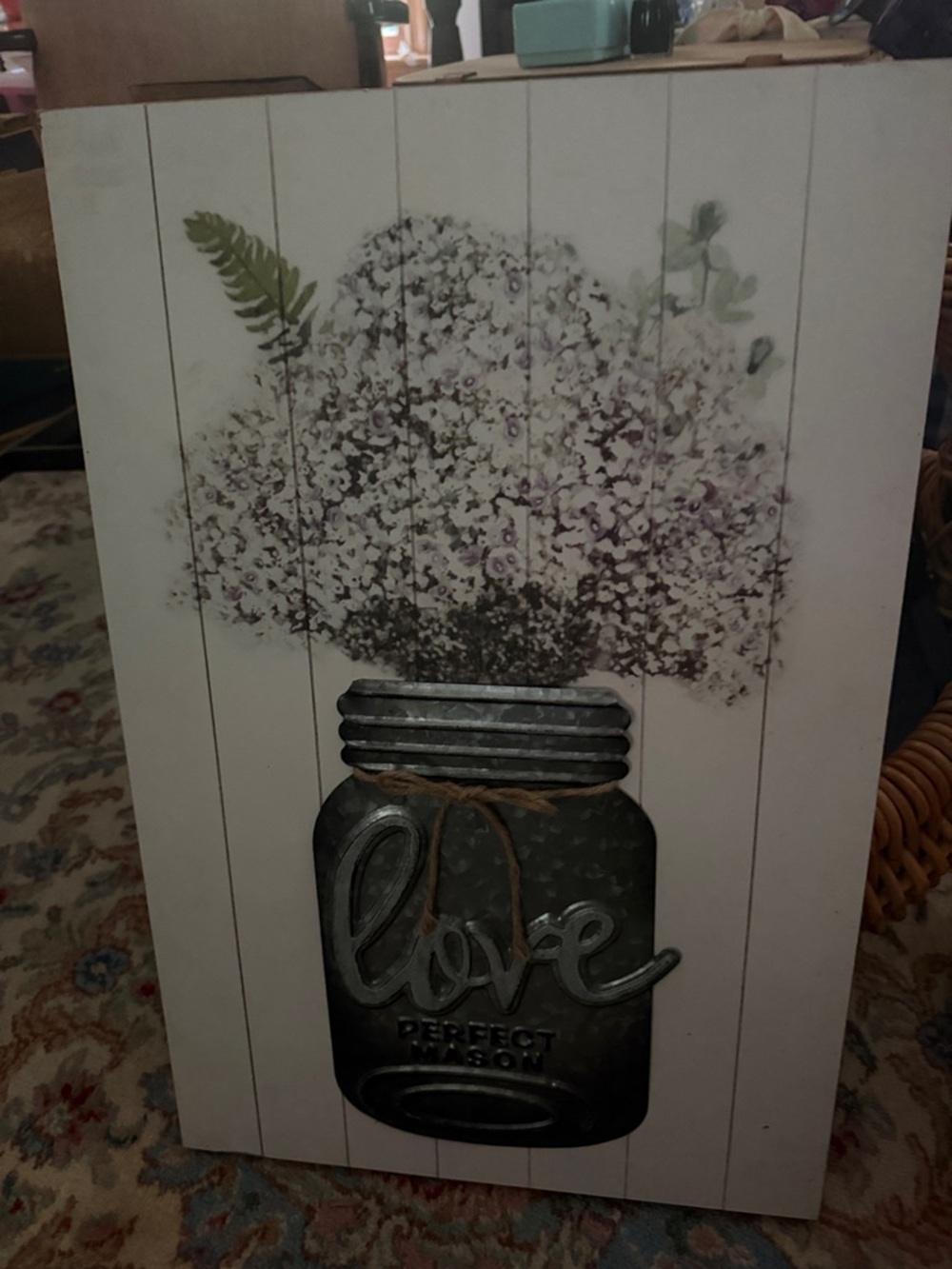 Rustic Mason Jar Floral Wall Art - White, Purple, Green